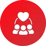 Heart Symbol with People Icon Icon depicting three people under a heart symbol on a red background.