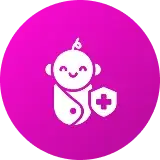 Medical Icon of a Baby with Shield Icon depicting a smiling baby wrapped in a blanket with a medical shield symbol.