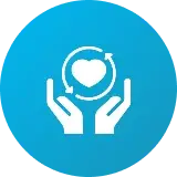 Circular Icon with Heart and Hands Circular icon featuring two hands holding a heart symbol with arrows around it, representing care and support.