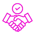 Handshake Icon A pink icon representing a handshake with a checkmark above it, symbolizing agreement or partnership.